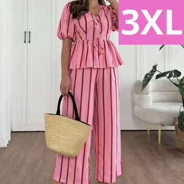 즉시 발송 스트라이프 리본 핑크 레드 셋업 반팔 팬츠 3XL