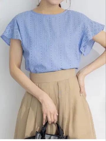 쿠미쿄쿠 자수 레이스 프렌치 슬리브 블라우스 2 블루 새상품