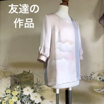 기모노 리메이크 (실크) 옅은 핑크 구름 무늬 퍼프 슬리브 블라우스