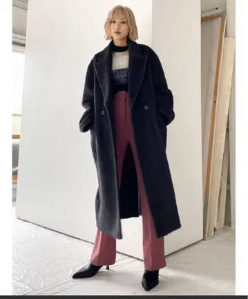 블랙 롱 코트 더블 브레스트 EMODA