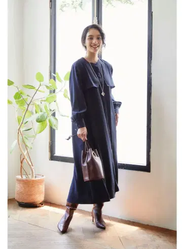 OWAUNO 네이비 프티 M 더블 요크 원피스
