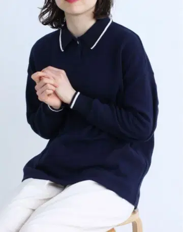 PAR ICI 팰리시 하프 리브 니트 피케 셔츠 네이비