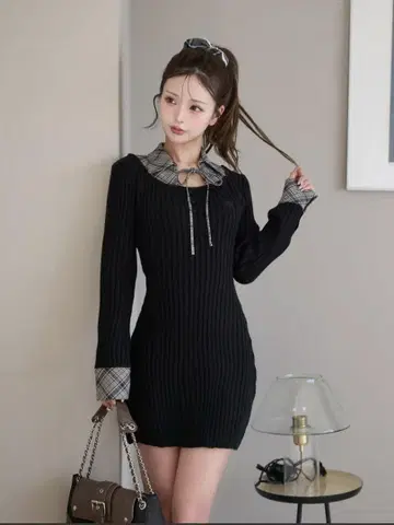 Darich 레이어드라이크 니트 미니 원피스 Free-L 블랙