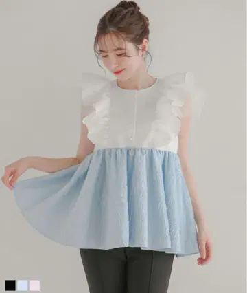 [ 새상품급 ] Fitmore 튤 프릴 자카드 도킹 상의 블루