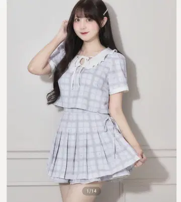pium 하트 체크 프릴 칼라 상의 스커트