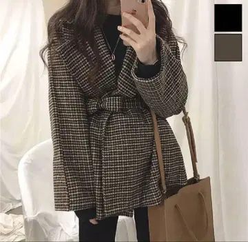벨트 포함 체크 하프 코트 브라운