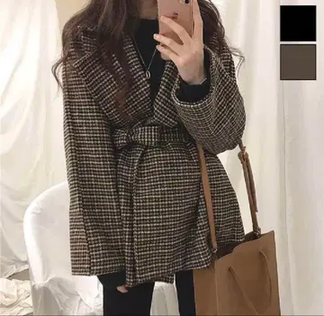 벨트 포함 체크 하프 코트 브라운