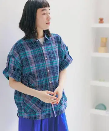 니코앤드 린넨 혼방 축구 체크 셔츠 블루 새상품급