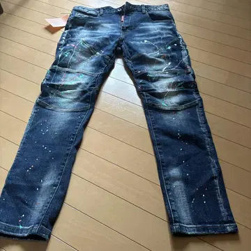페인트 가공 다크 블루 데님 팬츠