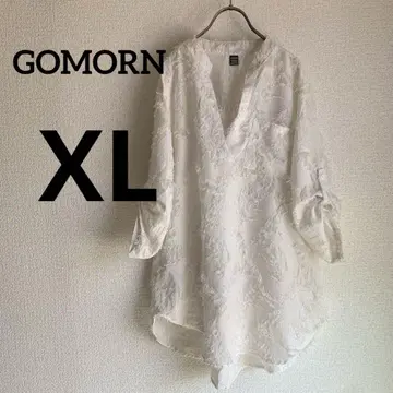 GOMORN [ XL ] 5부 소매 셔츠 화이트 자수풍