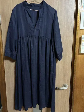 린넨 다크 블루 긴팔 셔츠 원피스