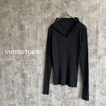 UNITED TOKYO 리브 니트 긴팔 오픈 프론트 넥 네이비