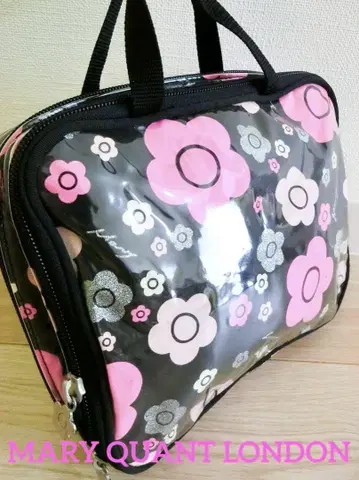 새상품 MARY QUANT 마리콴트 꽃무늬 비닐백 메이크 파우치 블랙