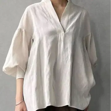 프리미어 아롱디스망 워셔블 레이온 린넨 스키퍼 블라우스 화이트