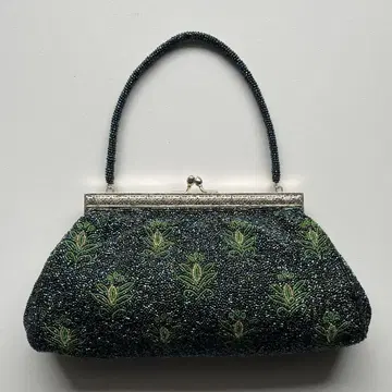 쇼와 레트로 앤티크 다크 그린 비즈 자수 백