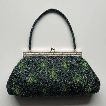 쇼와 레트로 앤티크 다크 그린 비즈 자수 백