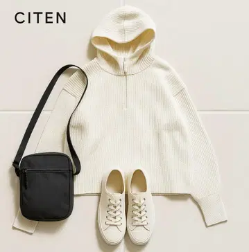 J1024@ CITEN 리브 편직 후드 지퍼 니트 아이보리