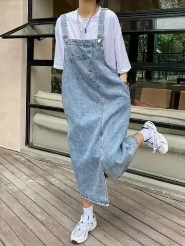 데님 오버롤 스커트 슬릿 포함