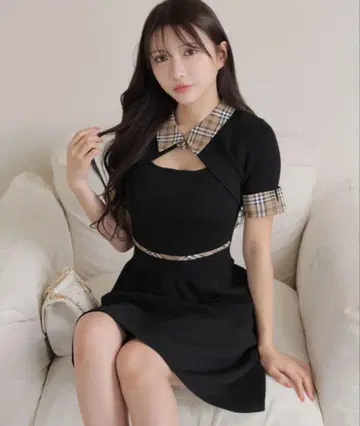 체크 컬러 플레어 니트 원피스