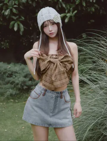 다리치 darich 타탄 체크 리본 베어 탑 베이지