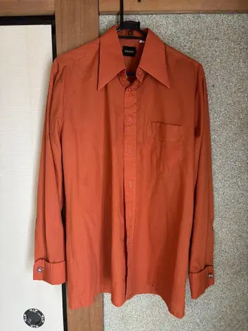 70s 빈티지 셔츠 오렌지 컬러 긴팔 셔츠 커프스 포함