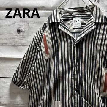ZARA 아트 디자인 스트라이프 패턴 오픈 카라 셔츠 반팔 셔츠 손글씨풍