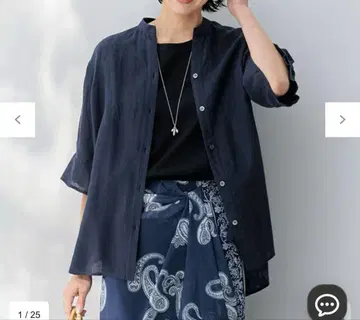 23구 LIBECO 린넨 디자인 슬리브 블라우스 38 네이비