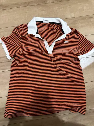 LACOSTE 오렌지와 화이트 스트라이프 피케 셔츠
