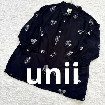 [ unii ] 우니 자수 셔츠 블라우스 밴드 카라 블랙 Free