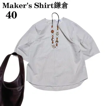 새상품급 가마쿠라 셔츠 벌룬 소매 오버 블라우스 스트라이프 베이지 40