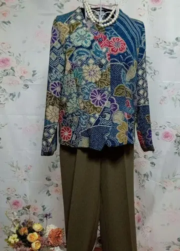 꽃무늬 노카라 자켓 일본풍 기모노 원단 시보리풍 마 혼방 숄 포함