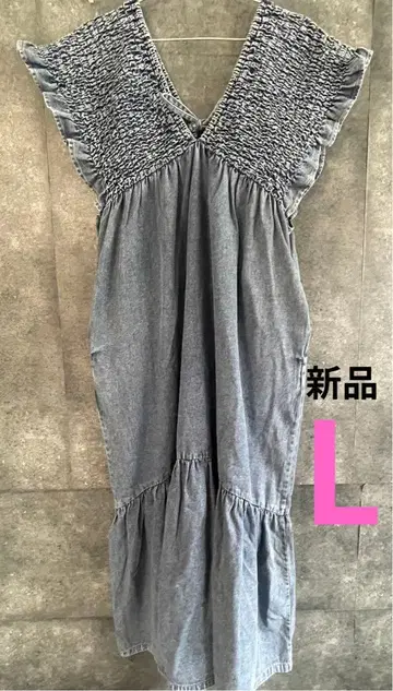 [ 새상품 ] 시마무라 데님 셔링 원피스 플레어 L 사이즈 중청 블루