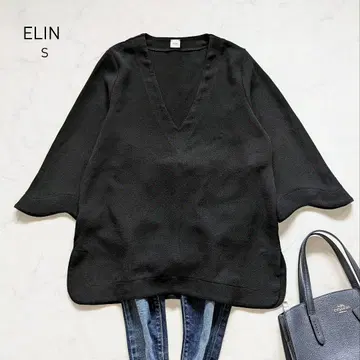 ELIN eclat 별주 플레어 슬리브 V넥 S 블랙 블라우스 크레이프