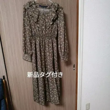 택 포함 새상품 어나더 앙제 프릴 꽃무늬 긴팔 원피스 브라운 계열