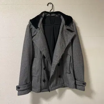 울 더블 브레스트 피 코트 후드 부착 그레이