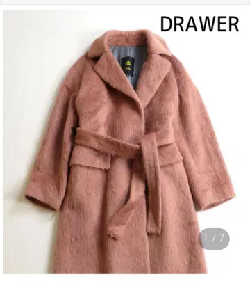 드로어의 샤기 롱 코트 핑크 벨트 울 실크 drawer