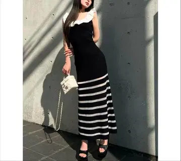 택 포함 새상품 다리치 프릴 롱 니트 원피스 블랙