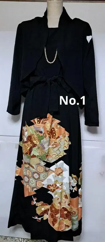 블랙 전통 예복 기모노 리메이크 볼레로 포함 꽃무늬 롱 드레스