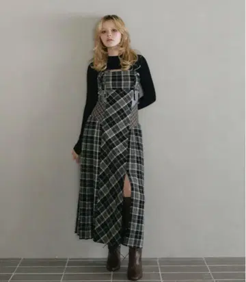 andmary Nadia check long dress black