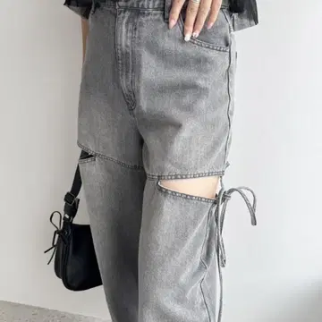 NICE CLAUP 컷 아웃 리본 와이드 데님 팬츠 블랙