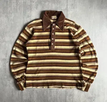 70s 벨루어 셔츠 코마면 긴팔 보더 빅 옷깃 구제 의류 시티 보이