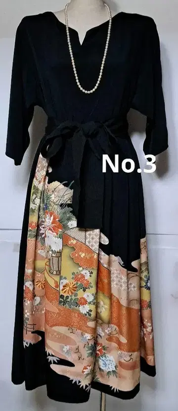 블랙 전통 예복 기모노 리메이크 꽃무늬 롱 드레스