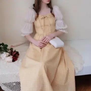 마누스마시나 허니 컬러 격자 무늬 프린세스 원피스