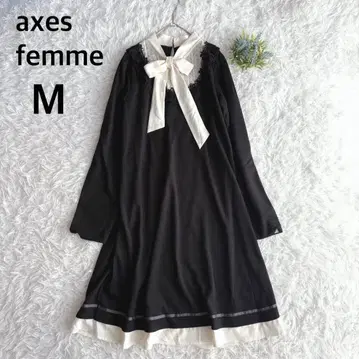 엑시즈팜 긴팔 플레어 원피스 레이스 리본 블랙 고급 M 1470