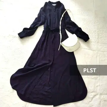 플라스테 롱 원피스 맥시 길이 A라인 긴팔 리본 벨트 네이비