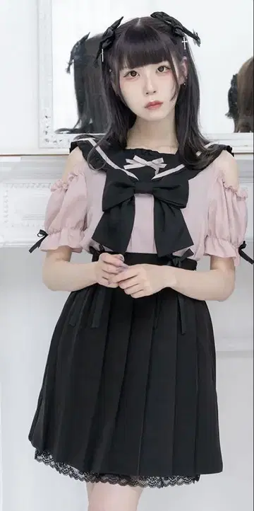 유메텐보 세일러 오프숄더 프릴 리본 블라우스 블랙 핑크