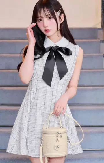 미셸 마카롱 리본 트위드 미니 원피스