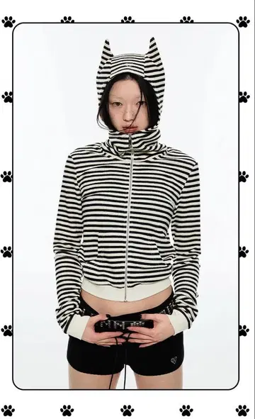 스트라이프 고양이 귀 후드티 보더 후드티 뿔 y2k 헤이세이 갸루 그런지