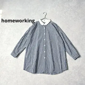 homeworking 홈워킹 깅엄 둥근 카라 튜닉 블라우스