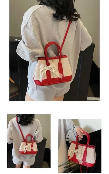 리본 포함 레드 베이지 숄더백
